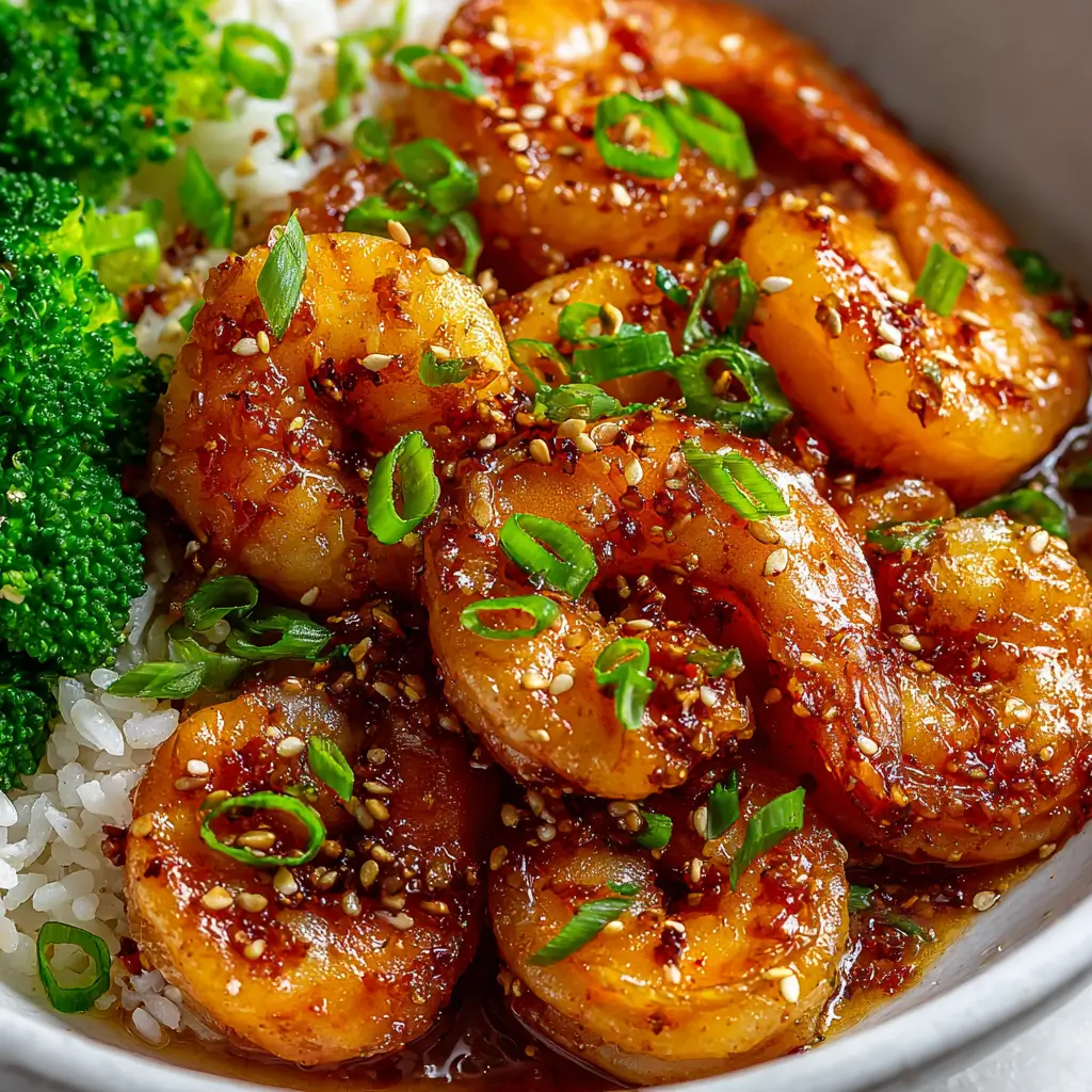 A honey garlic shrimp bowl filled with shrimp in a savory glaze, white rice, and steamed broccoli, garnished with sesame seeds and sliced green onions.