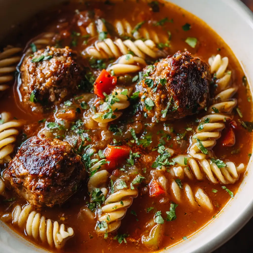 Close-up of a rustic bowl of Italian meatball soup featuring perfectly browned meatballs, spiral pasta (fusilli), diced vegetables, and fresh parsley in a rich, red broth.