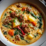 A close-up overhead view of a white bowl filled with creamy Italian Sausage Potato Soup, showcasing chunks of savory sausage, potatoes, carrots, and spinach, garnished with fresh parsley and red pepper flakes.