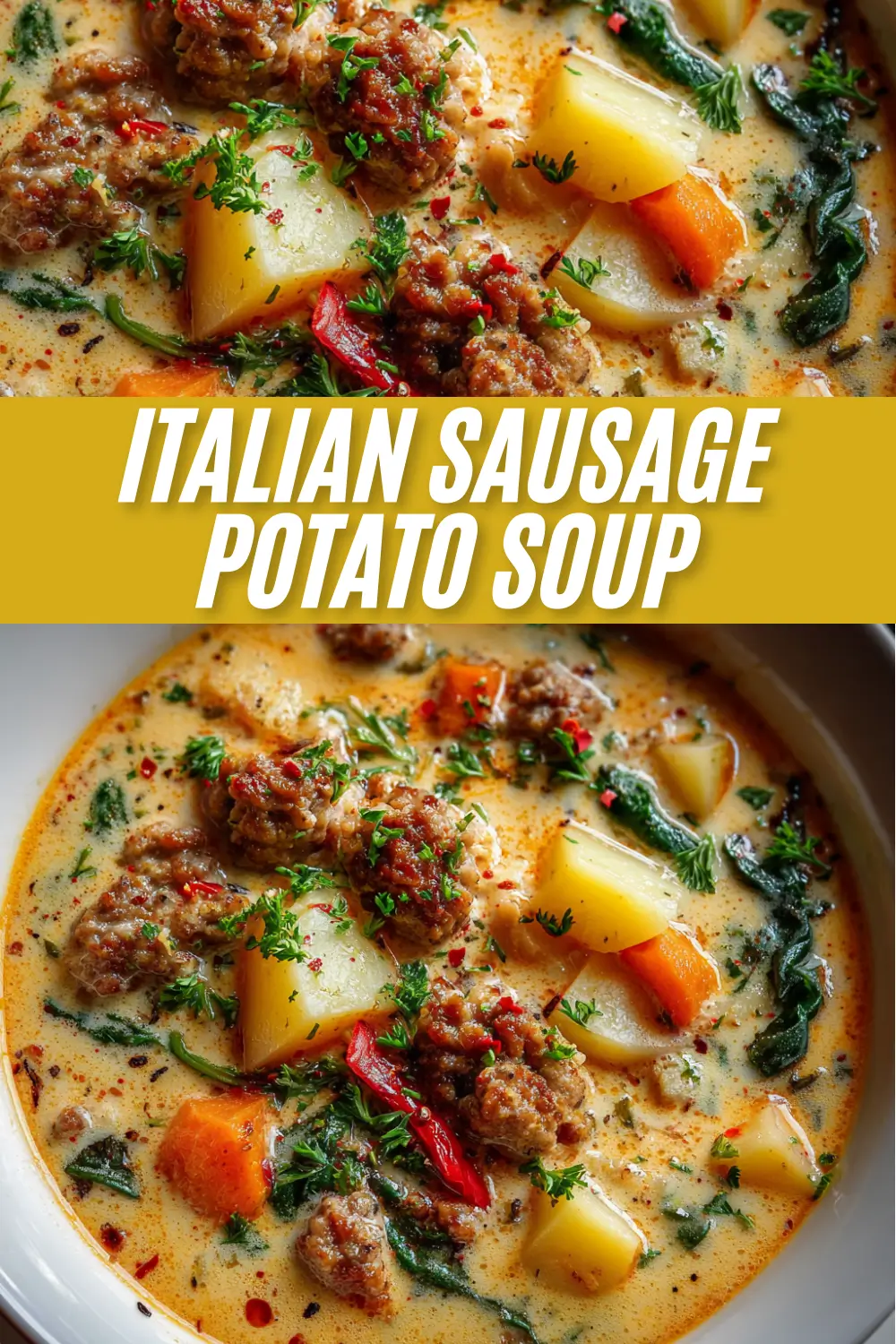 A recipe graphic for Italian Sausage Potato Soup, featuring two close-up photos of the finished dish in a bowl. A yellow banner in the center reads "ITALIAN SAUSAGE POTATO SOUP" in bold white text.