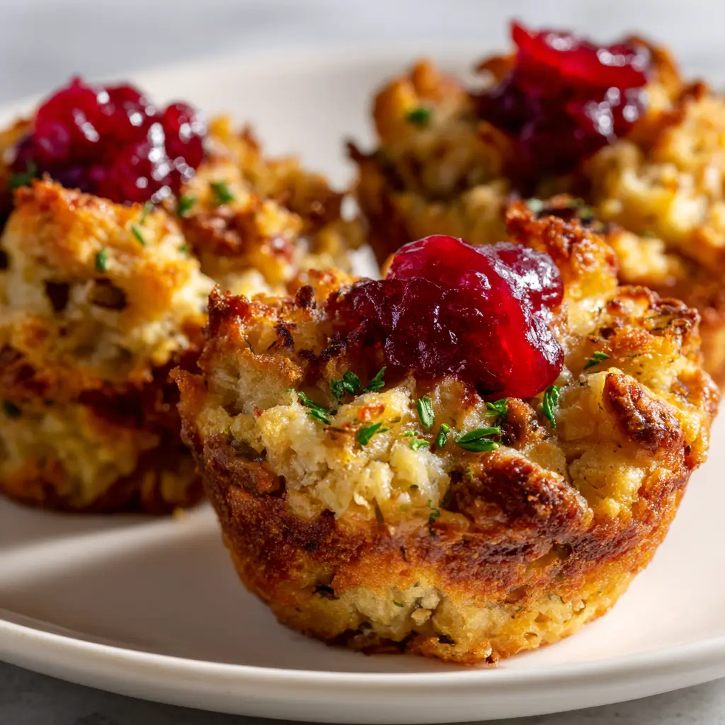 A close-up of three golden-brown leftover stuffing muffins on a white plate, each topped with a dollop of cranberry sauce and garnished with fresh herbs.
