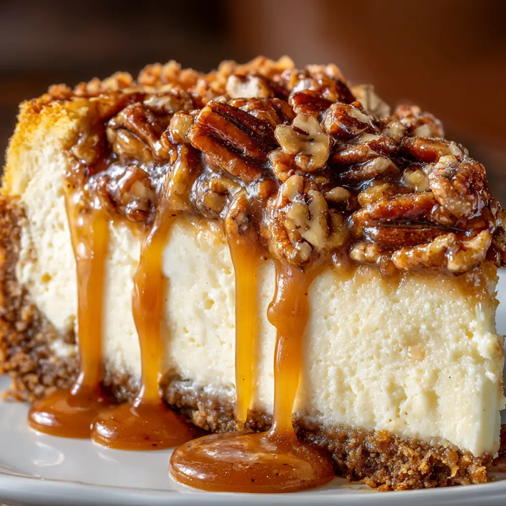 A close-up slice of creamy maple pecan cheesecake on a white plate, topped with toasted pecans and a rich maple caramel sauce dripping down the sides.