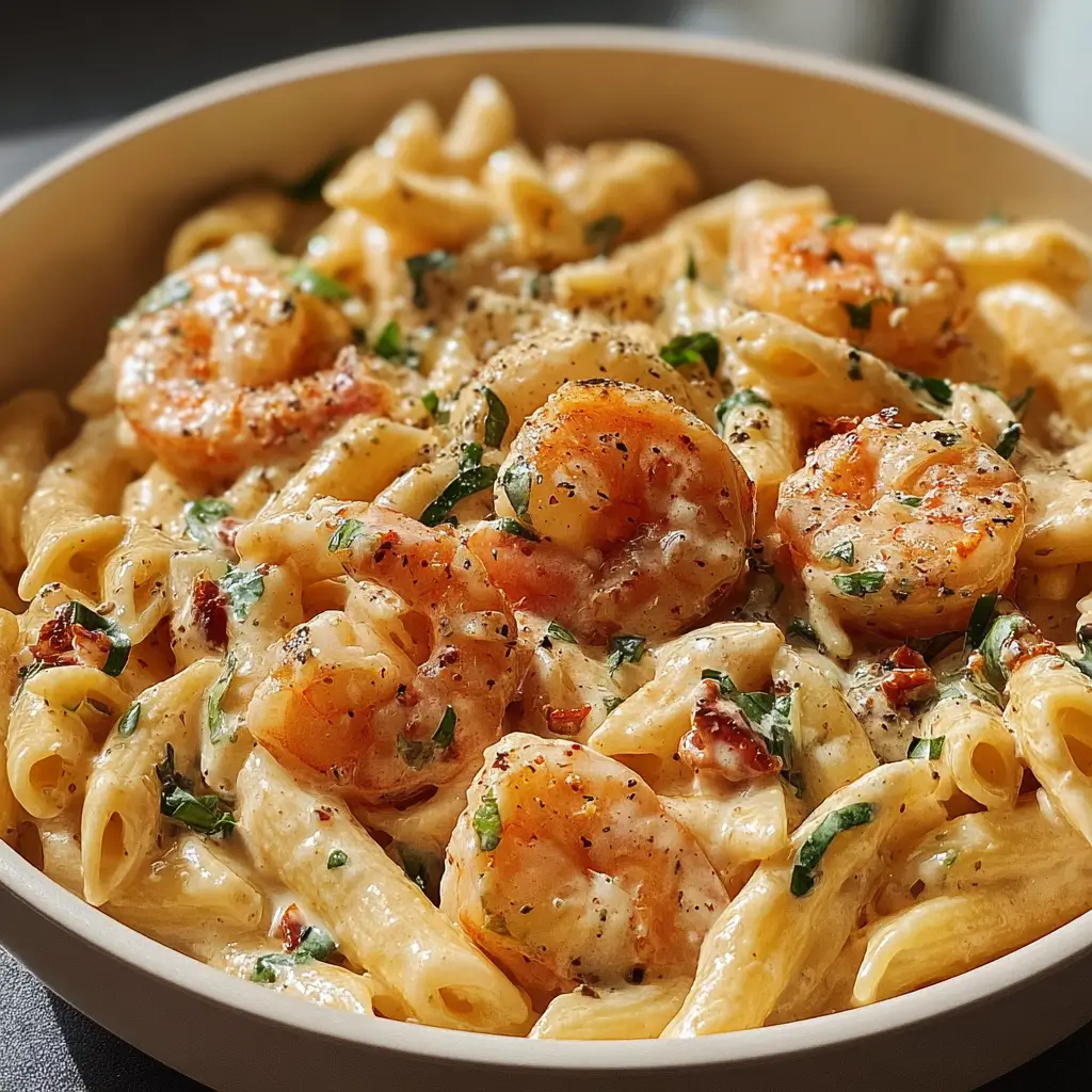 A close-up of a bowl filled with creamy Marry Me Shrimp Pasta, featuring penne, plump shrimp, chopped sun-dried tomatoes, and fresh herbs in a rich cream sauce.