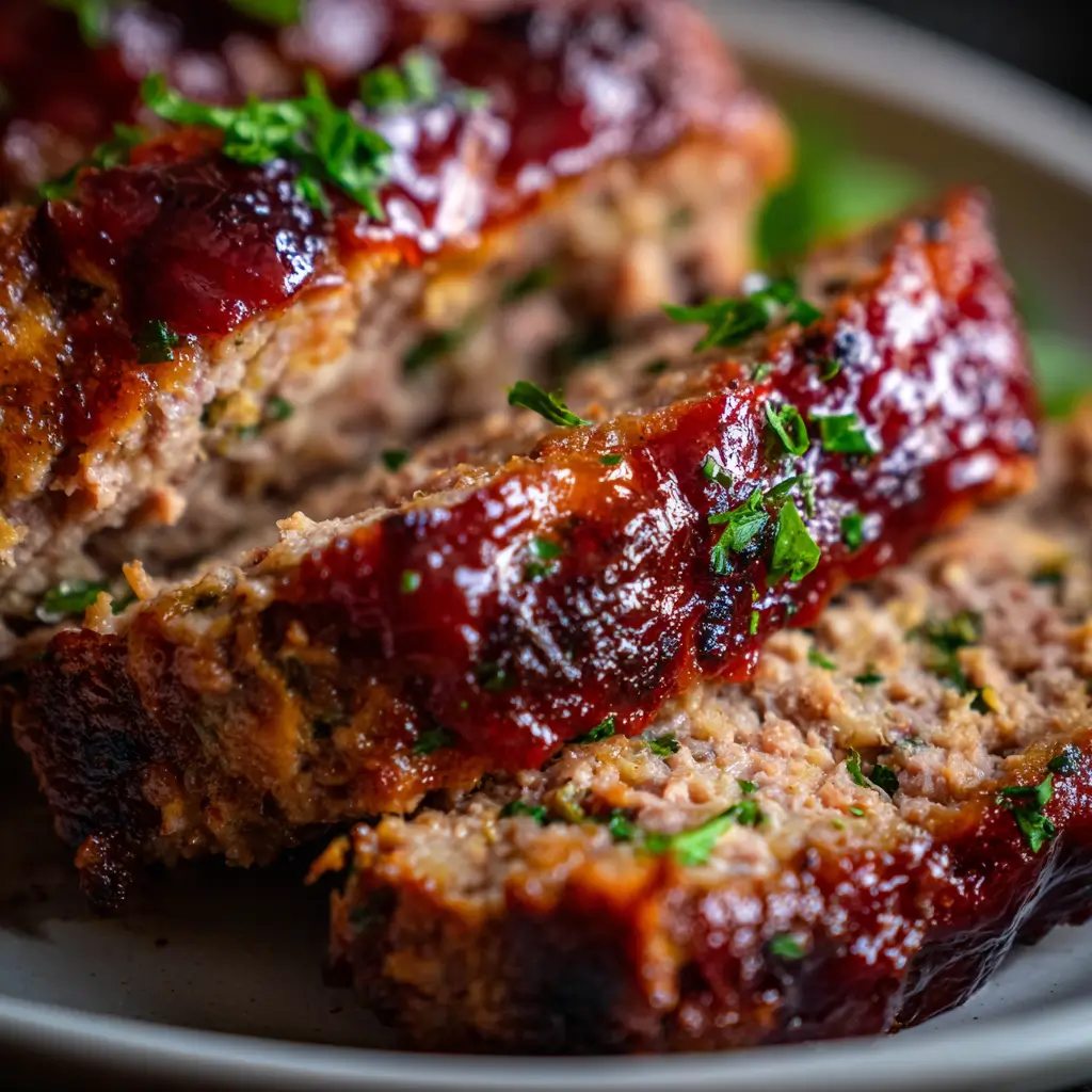 A close-up shot of two thick, sliced pieces of homestyle meatloaf topped with a shiny, deep red glaze and sprinkled with fresh green parsley. The meatloaf has a rich brown color and a tender, moist texture.