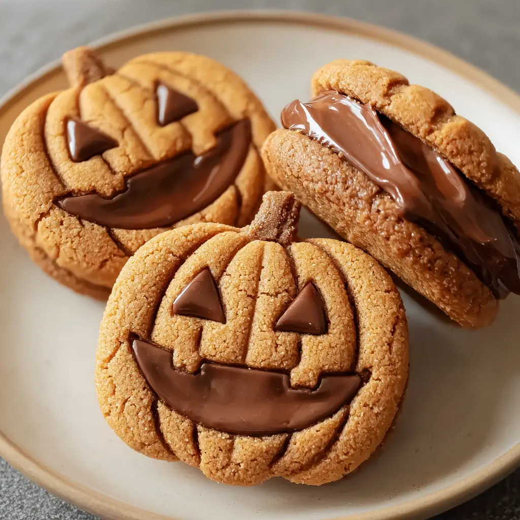 Jack-O'-Lantern shaped cookies on a plate, with one split open to show a gooey milk chocolate filling.