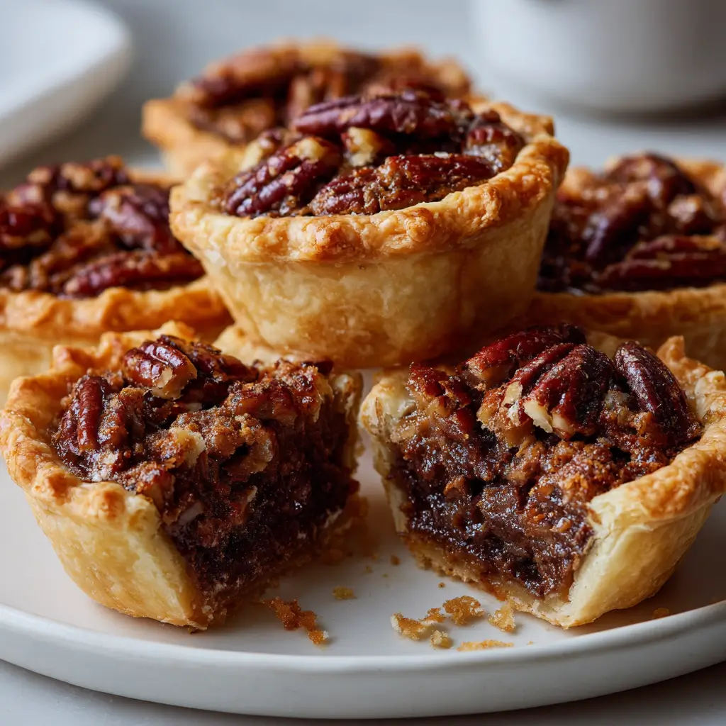 A close-up of several mini chocolate pecan pies on a white plate, with one pie cut open to show the rich, gooey chocolate pecan filling inside its flaky crust.