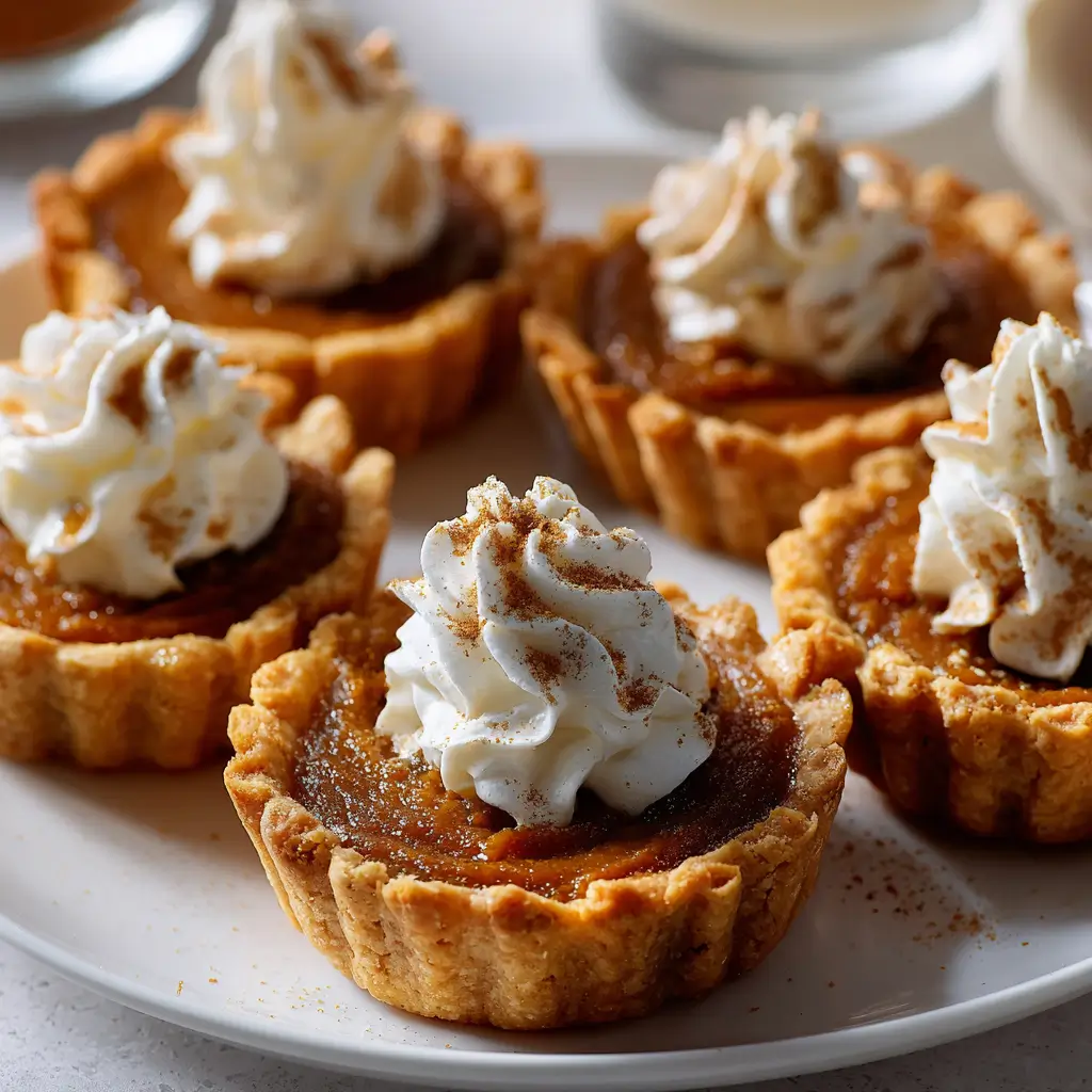 A close-up of five individual mini pumpkin pies on a white plate, each topped with a swirl of whipped cream and a sprinkle of cinnamon.