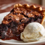 A close-up slice of molten chocolate crackle pie on a white plate, showing a rich, gooey chocolate center and a crackly top, served with a scoop of vanilla ice cream.