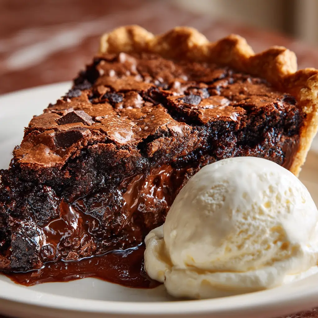 A close-up slice of molten chocolate crackle pie on a white plate, showing a rich, gooey chocolate center and a crackly top, served with a scoop of vanilla ice cream.