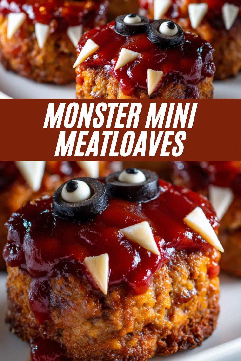 A Pinterest recipe card for Monster Mini Meatloaves, showing a close-up of the spooky Halloween meatloaf muffins decorated with cheese teeth and olive eyes.