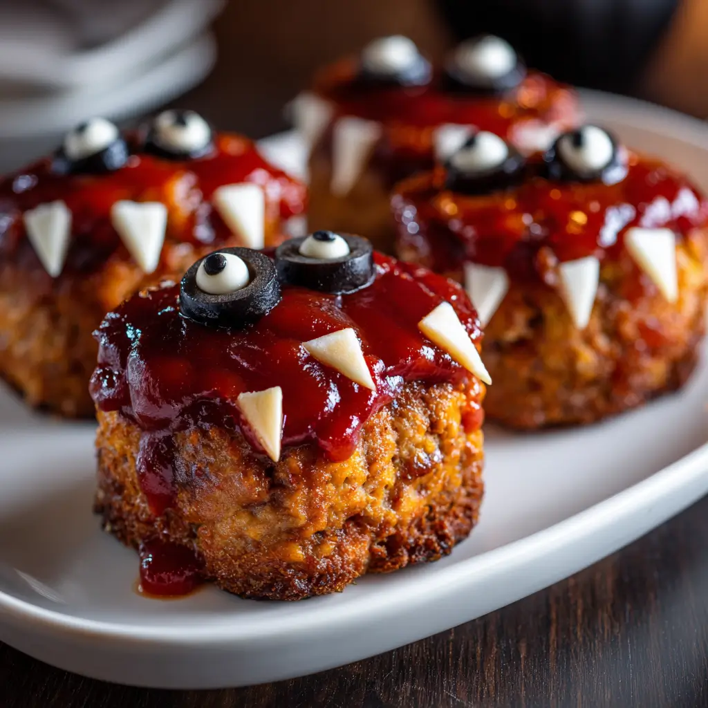 A close-up of several Monster Mini Meatloaves on a white plate, decorated with ketchup, olive eyes, and cheese teeth.