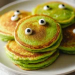 A close-up stack of fluffy green Halloween monster pancakes, decorated with funny candy eyeballs, on a white plate.