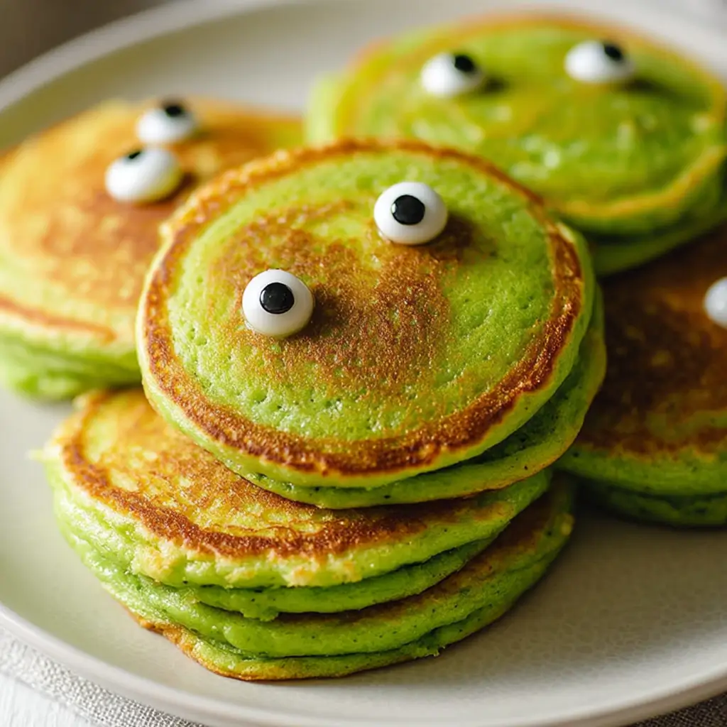 A close-up stack of fluffy green Halloween monster pancakes, decorated with funny candy eyeballs, on a white plate.