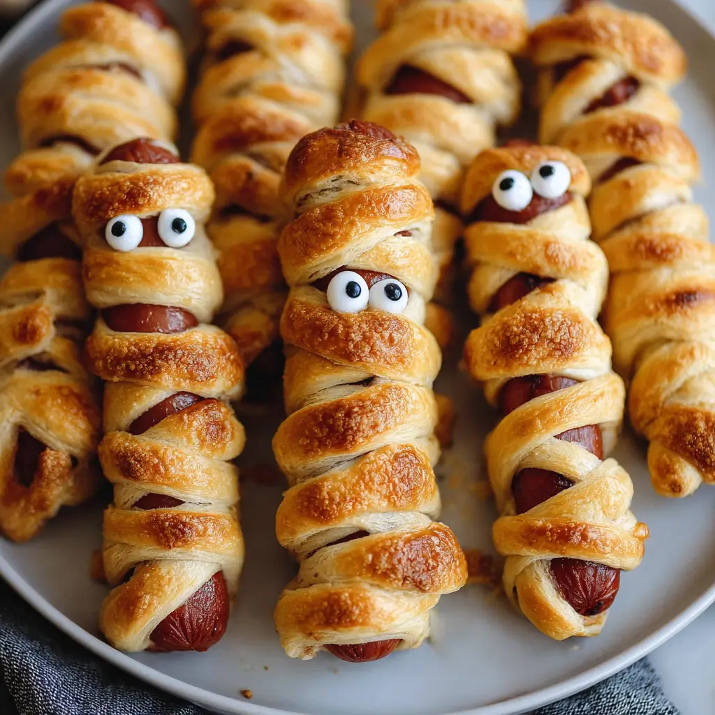 A close-up of golden-brown mummy hot dogs wrapped in pastry strips on a grey plate, with some decorated with candy googly eyes for a fun Halloween treat.