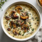 A white bowl of rich and creamy mushroom soup, topped with sautéed mushroom slices, a swirl of cream, and fresh thyme garnish.