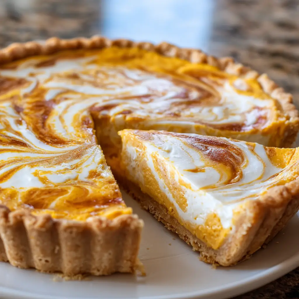 A beautiful No-Bake Pumpkin Cream Cheese Pie with a graham cracker crust, featuring a pumpkin and cream cheese swirl on top, with one slice cut and ready to serve.