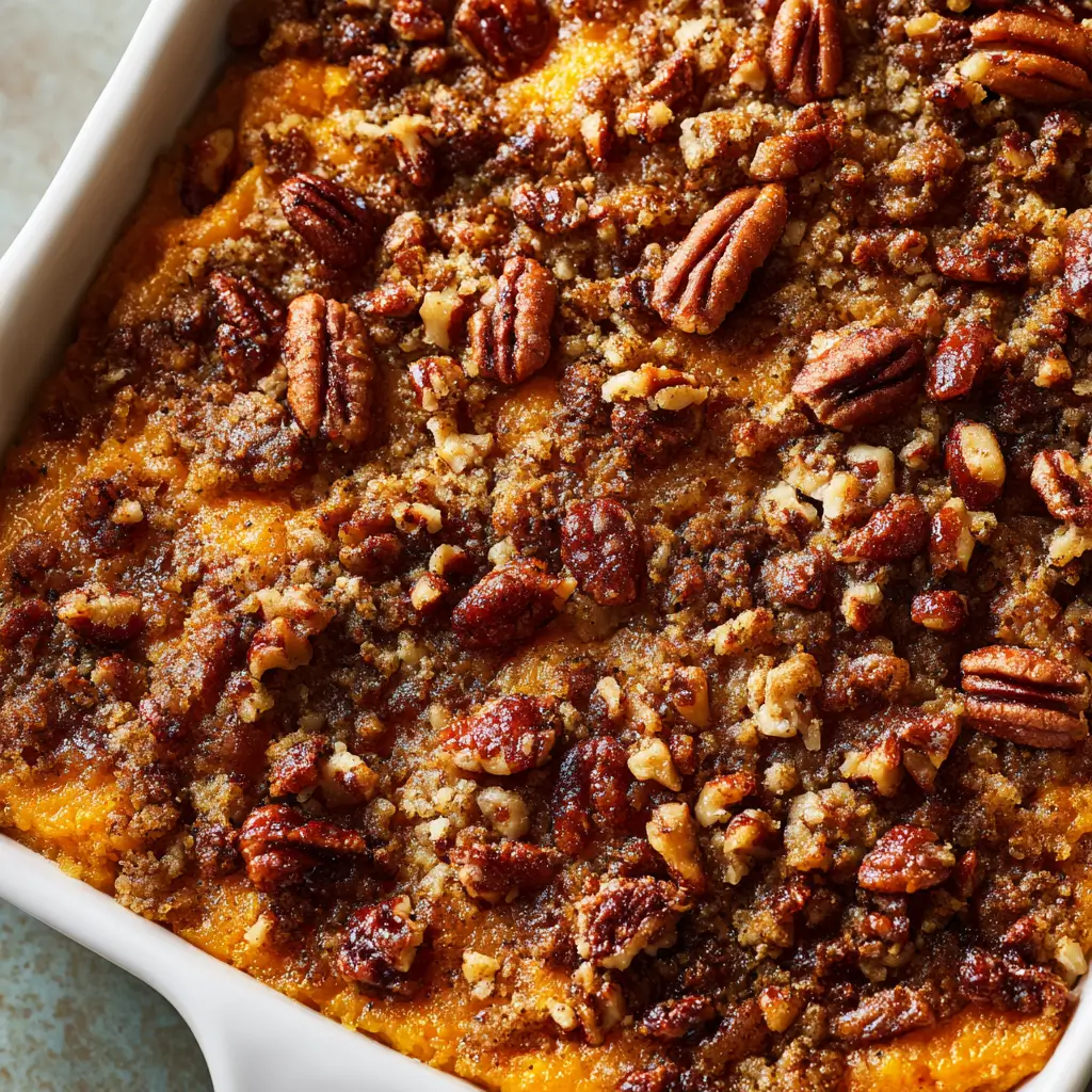 A close-up of a classic, old-fashioned sweet potato casserole baked in a white dish, featuring a generous topping of crunchy pecan and brown sugar streusel.