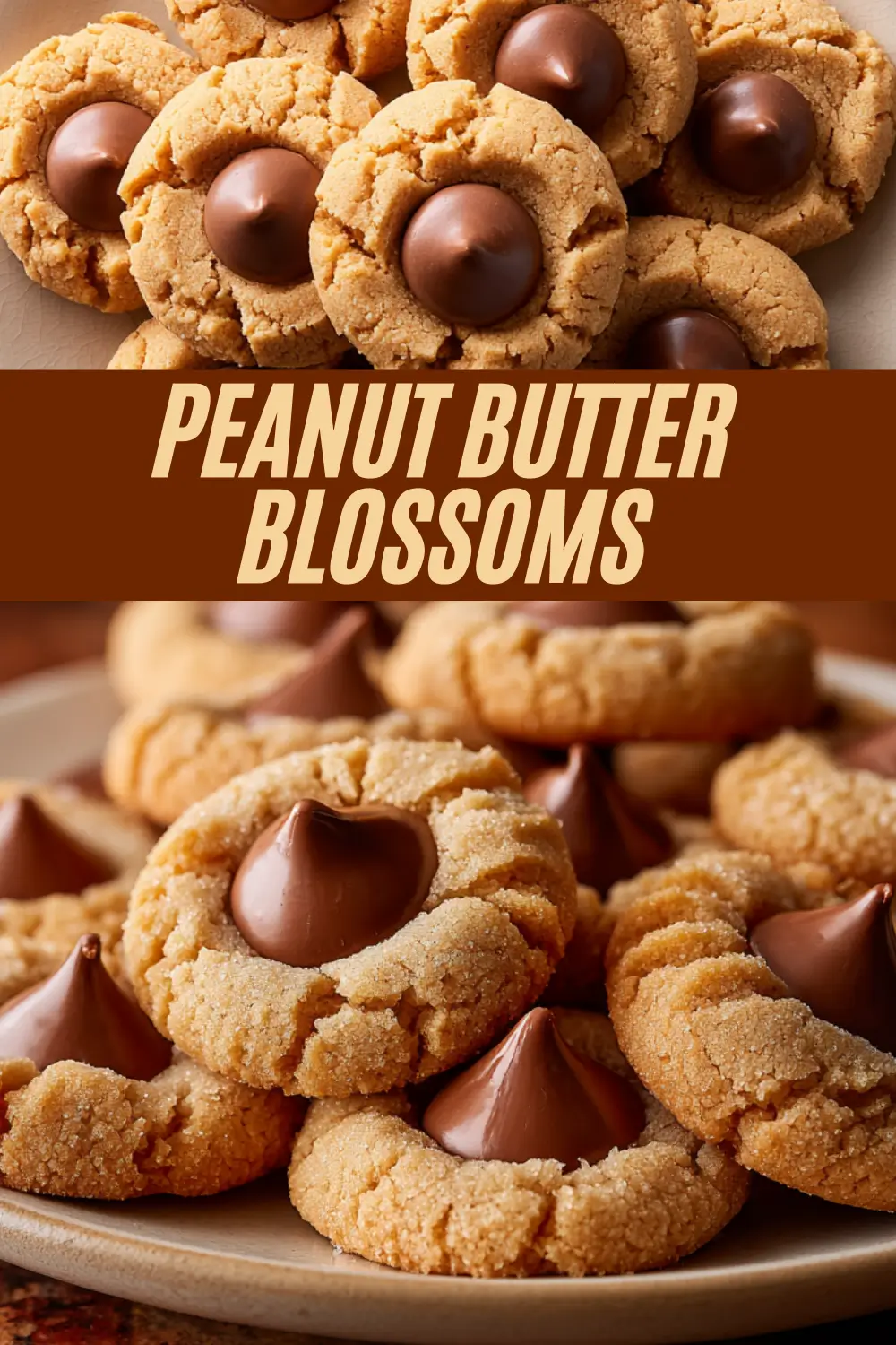 A Pinterest pin for a peanut butter blossoms recipe, featuring a top-down view and a close-up of the classic cookies, each with a soft, sugar-dusted peanut butter base and a milk chocolate kiss pressed in the center.