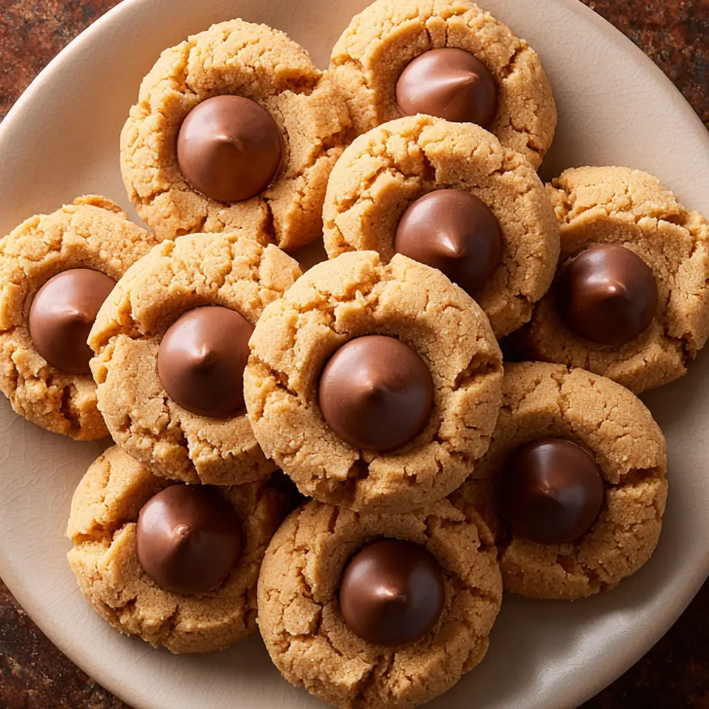 An overhead view of a plate filled with freshly baked peanut butter blossom cookies, showing their characteristic cracked tops and a milk chocolate kiss nestled in the center of each.