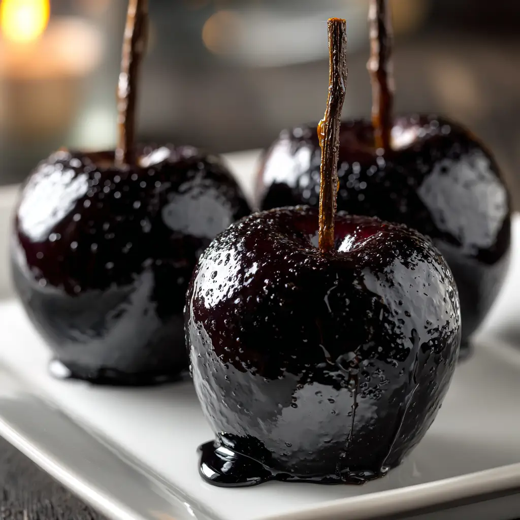 A close-up of three glossy, black poison toffee apples with twig-like sticks, sitting on a white plate with a moody, dark background.