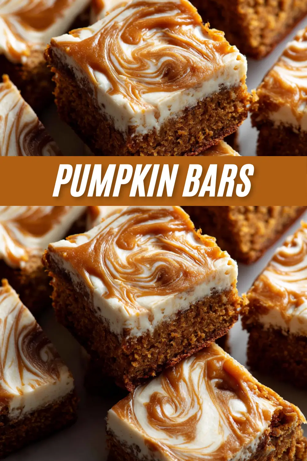 A pin-style image of stacked pumpkin bars with swirled cream cheese frosting. A text overlay reads 'Pumpkin Bars'.
