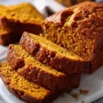 A freshly baked loaf of moist pumpkin bread, with several thick slices cut and displayed on a white marble surface.