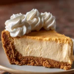A close-up slice of layered pumpkin cheesecake pie on a plate, featuring a thick graham cracker crust, a creamy cheesecake and pumpkin filling, and topped with swirls of whipped cream.