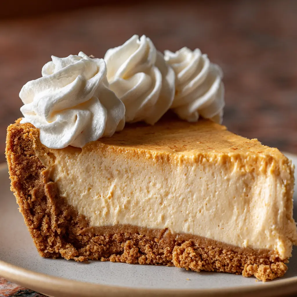A close-up slice of layered pumpkin cheesecake pie on a plate, featuring a thick graham cracker crust, a creamy cheesecake and pumpkin filling, and topped with swirls of whipped cream.