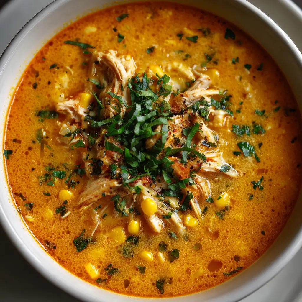 A close-up overhead shot of a white bowl filled with creamy orange Pumpkin Chicken Soup, loaded with shredded chicken and corn, and garnished with fresh chopped parsley.