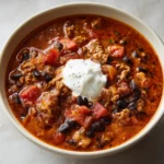 A close-up shot of a white bowl filled with hearty Pumpkin Chili, made with ground beef and black beans, and topped with a dollop of sour cream.