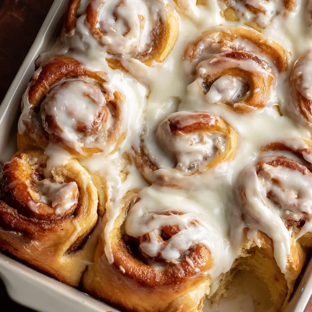A close-up overhead shot of a white baking dish filled with soft, gooey pumpkin cinnamon rolls generously topped with creamy white cream cheese frosting. One roll is missing, revealing the fluffy interior swirl.