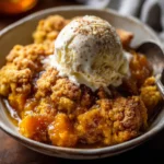 A rustic ceramic bowl filled with warm, gooey pumpkin cobbler, topped with a scoop of melting vanilla ice cream and a sprinkle of cinnamon.
