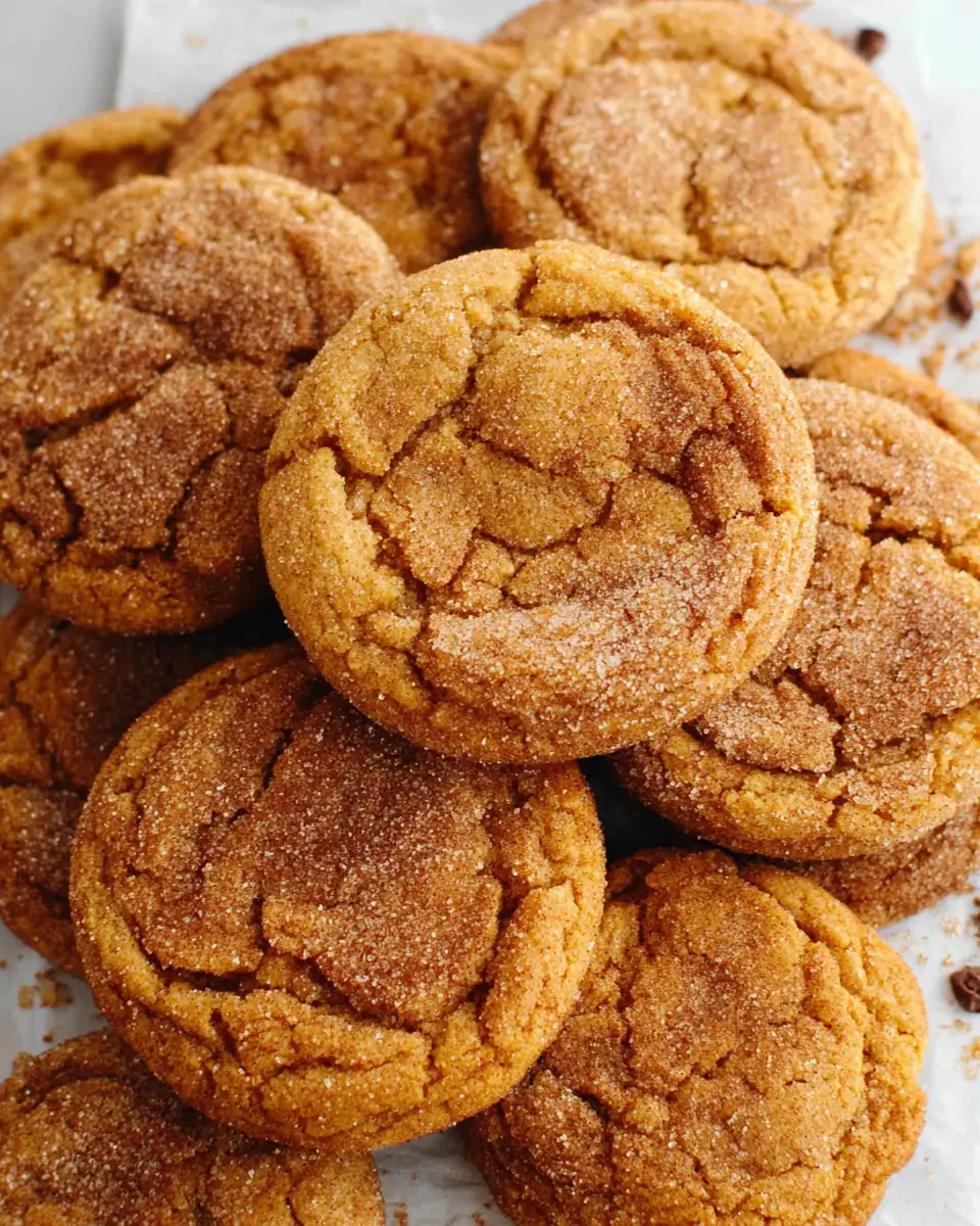 A close-up pile of soft, chewy pumpkin cookies with crackly tops, coated in a cinnamon-sugar mixture.