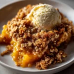A close-up shot of a serving of warm pumpkin crisp with a crumbly oat topping in a light-colored bowl, topped with a scoop of vanilla ice cream.