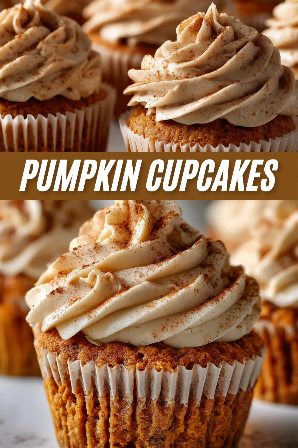 A recipe graphic for pumpkin cupcakes, showing close-ups of the finished cupcakes with swirled cream cheese frosting and a text overlay that reads "PUMPKIN CUPCAKES".