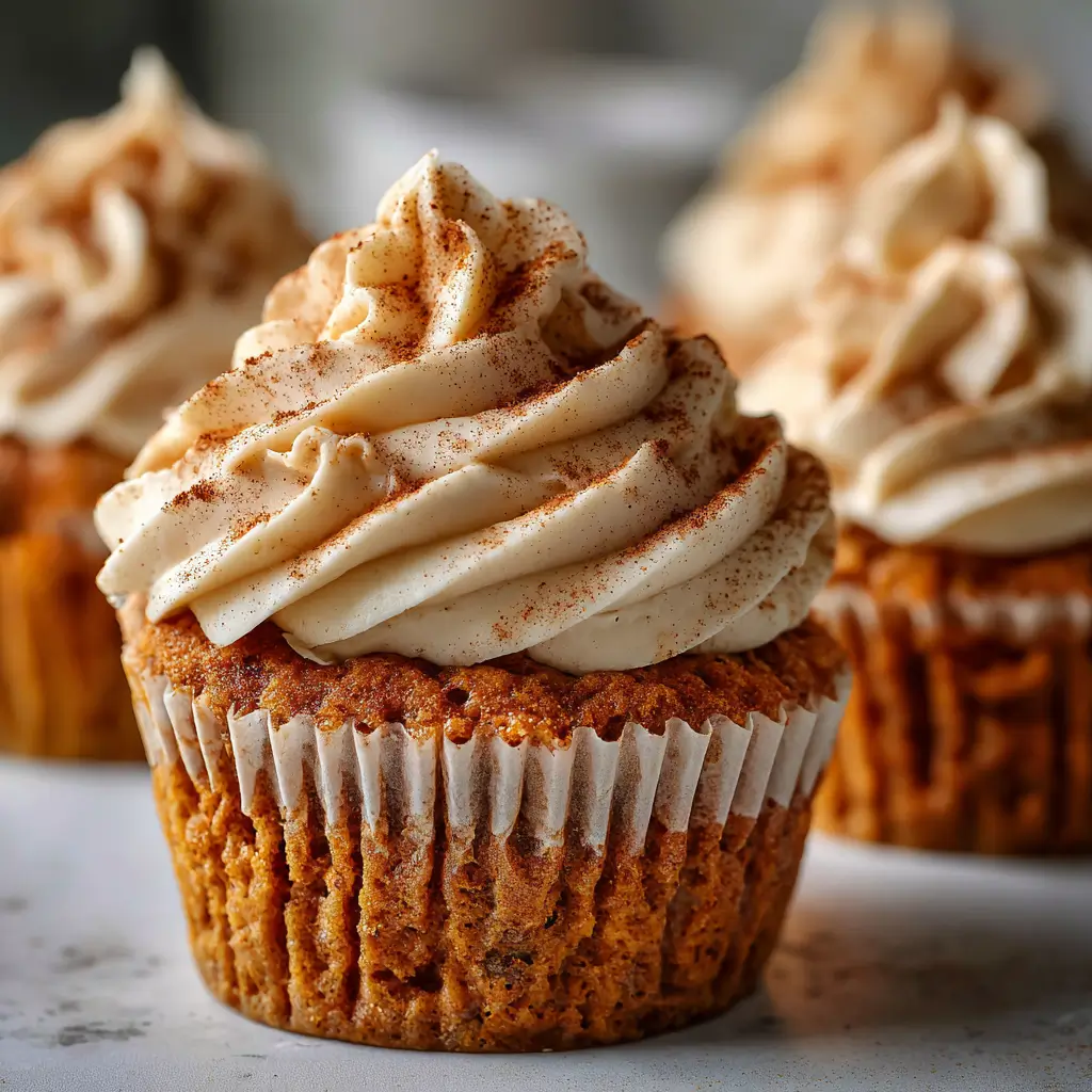 A close-up of a moist pumpkin cupcake in a white paper liner, topped with a generous swirl of cream cheese frosting and a sprinkle of cinnamon, with two more cupcakes in the background.