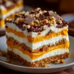 A close-up square slice of a layered Pumpkin Delight dessert on a white plate, featuring layers of pumpkin puree, cream cheese filling, and a graham cracker crust, topped with chocolate drizzle, chopped walnuts, and chocolate chunks.
