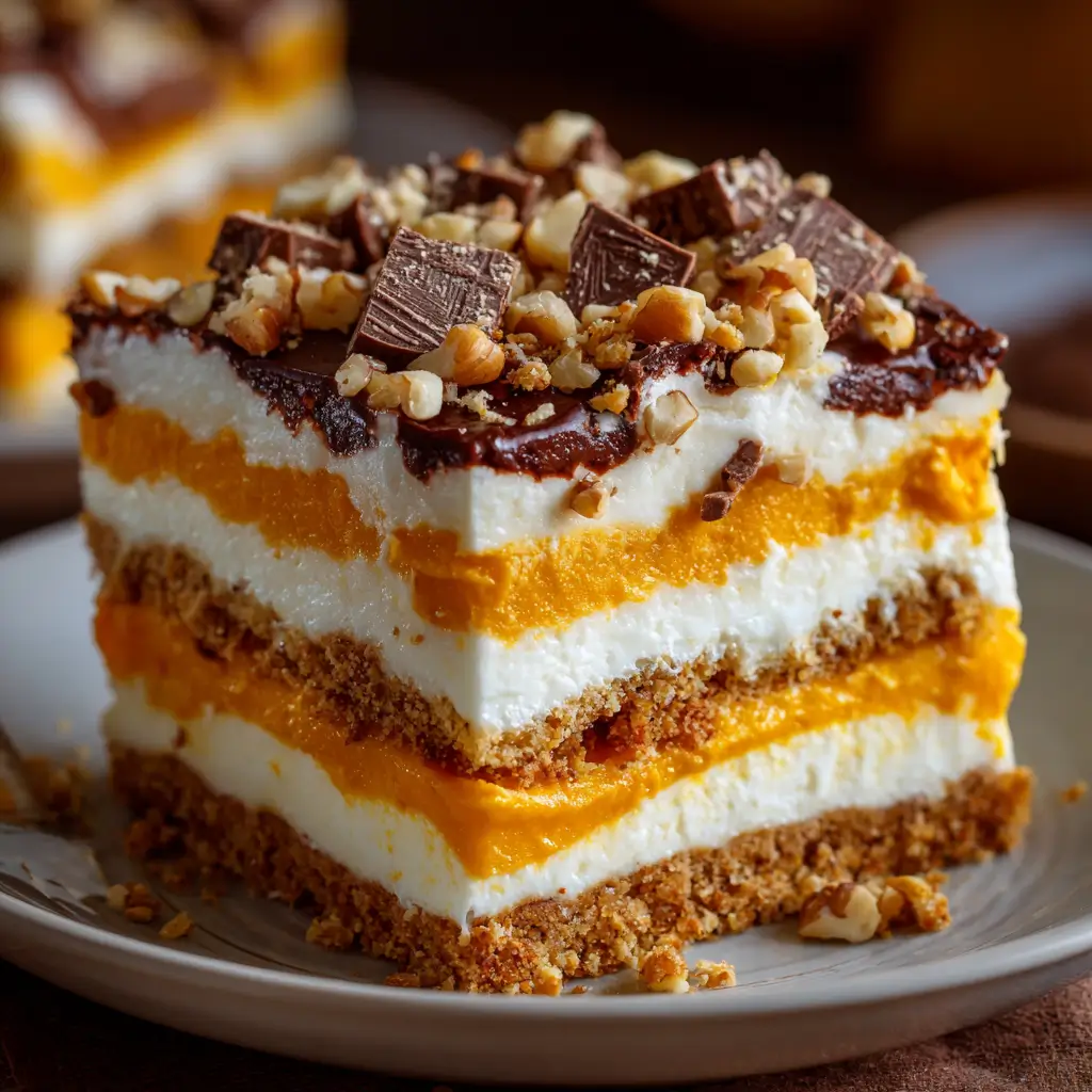 A close-up square slice of a layered Pumpkin Delight dessert on a white plate, featuring layers of pumpkin puree, cream cheese filling, and a graham cracker crust, topped with chocolate drizzle, chopped walnuts, and chocolate chunks.