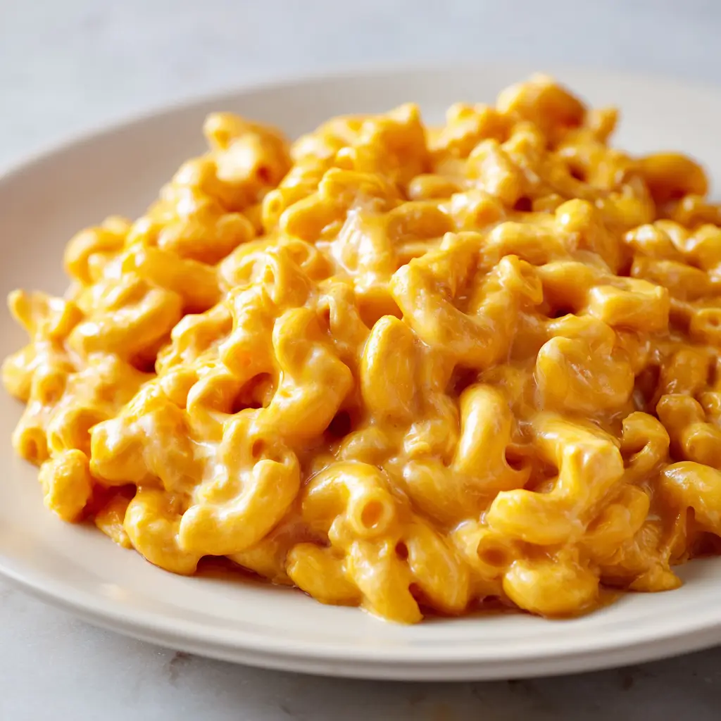 A close-up side view of a generous serving of creamy pumpkin mac and cheese on a cream-white plate. The vibrant, orange cheese sauce evenly coats every elbow macaroni noodle, creating a rich and luscious texture.