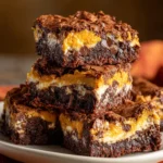A stack of rich, fudgy pumpkin pie brownies on a plate, showing a thick chocolate brownie base with a layer of creamy pumpkin pie filling and chocolate chips swirled throughout.