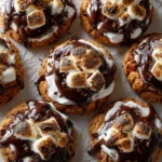 A close-up overhead shot of several freshly baked Pumpkin S’mores Cookies on parchment paper, topped with perfectly toasted marshmallows and a rich dark chocolate drizzle.