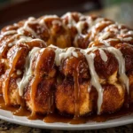 A close-up shot of a freshly baked Pumpkin Spice Monkey Bread, drizzled generously with gooey caramel sauce and a sweet cream cheese glaze.