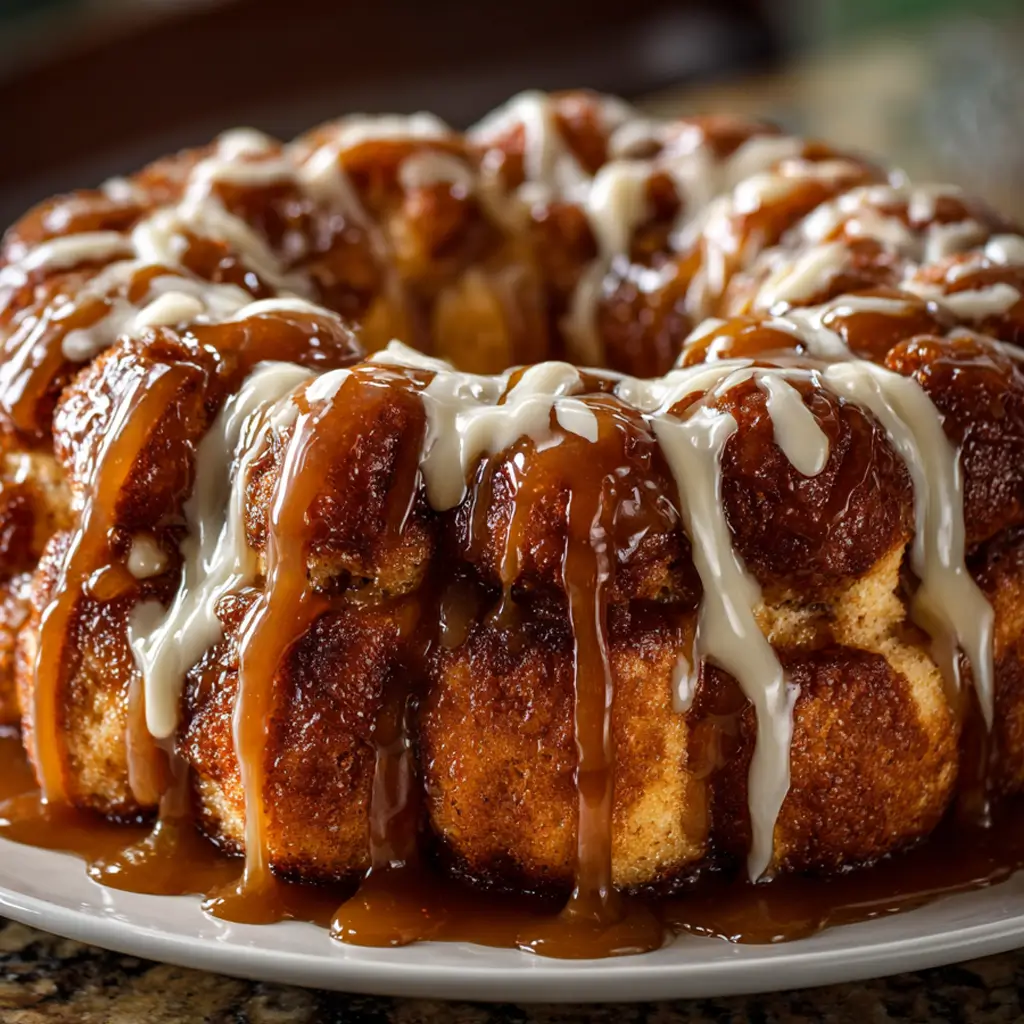 A close-up shot of a freshly baked Pumpkin Spice Monkey Bread, drizzled generously with gooey caramel sauce and a sweet cream cheese glaze.