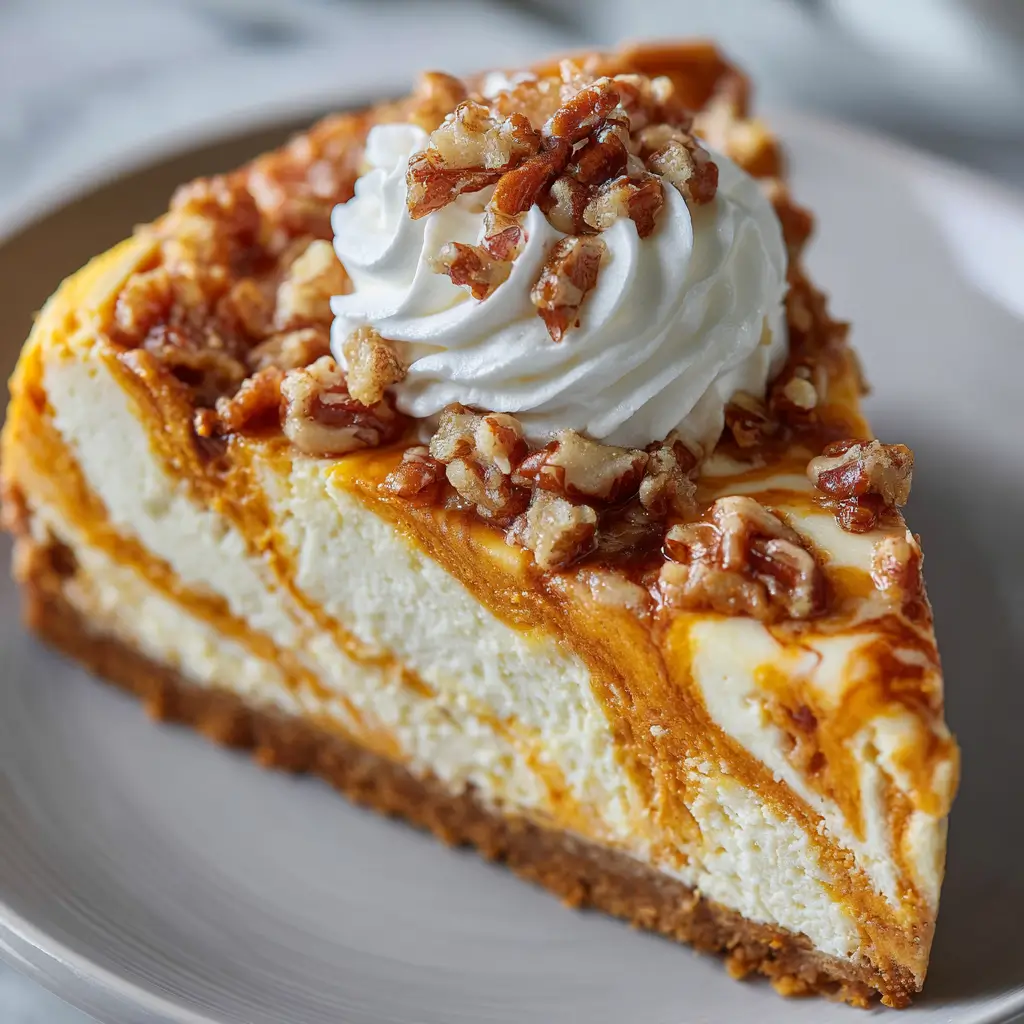 A slice of pumpkin swirl cheesecake on a light grey plate, topped with whipped cream and a candied pecan crumble.