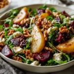 A close-up shot of a vibrant Roasted Beet and Pear Salad in a white bowl, featuring fresh arugula, sliced pears, roasted beets, walnuts, and crumbled goat cheese, all tossed in a light vinaigrette.