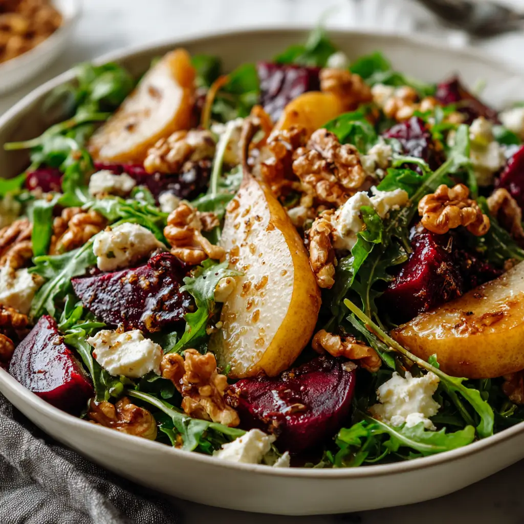A close-up shot of a vibrant Roasted Beet and Pear Salad in a white bowl, featuring fresh arugula, sliced pears, roasted beets, walnuts, and crumbled goat cheese, all tossed in a light vinaigrette.