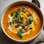 An overhead view of a rustic bowl filled with vibrant orange Roasted Butternut Squash Soup, garnished with a swirl of cream, fresh parsley, and toasted pumpkin seeds.