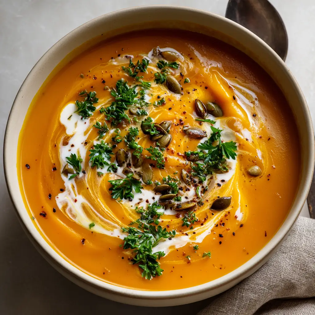 An overhead view of a rustic bowl filled with vibrant orange Roasted Butternut Squash Soup, garnished with a swirl of cream, fresh parsley, and toasted pumpkin seeds.