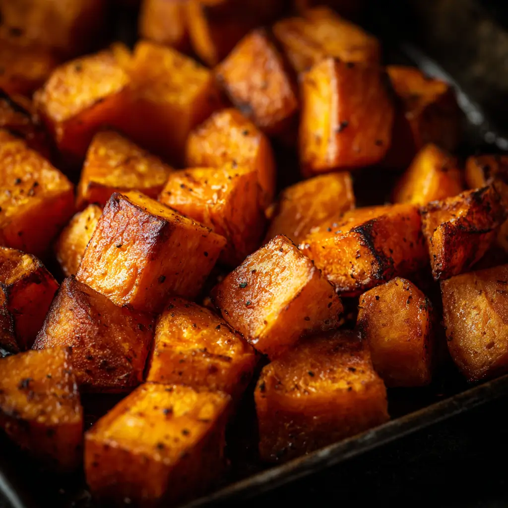 Golden brown roasted sweet potato cubes seasoned with spices and baked to crispy perfection on a pan