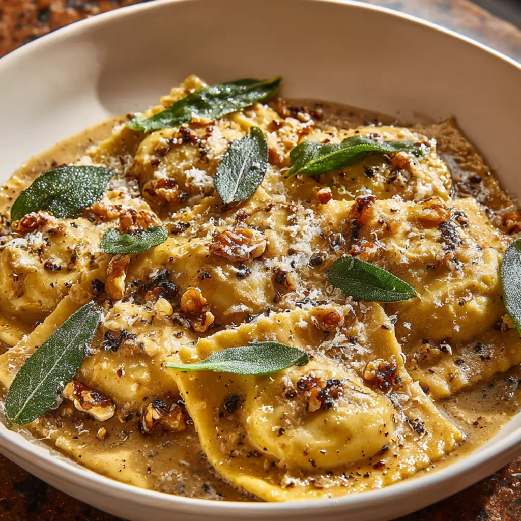 A close-up of a white bowl filled with pumpkin ravioli in a creamy brown butter sage sauce, garnished with toasted walnuts, fresh sage leaves, and grated Parmesan cheese.